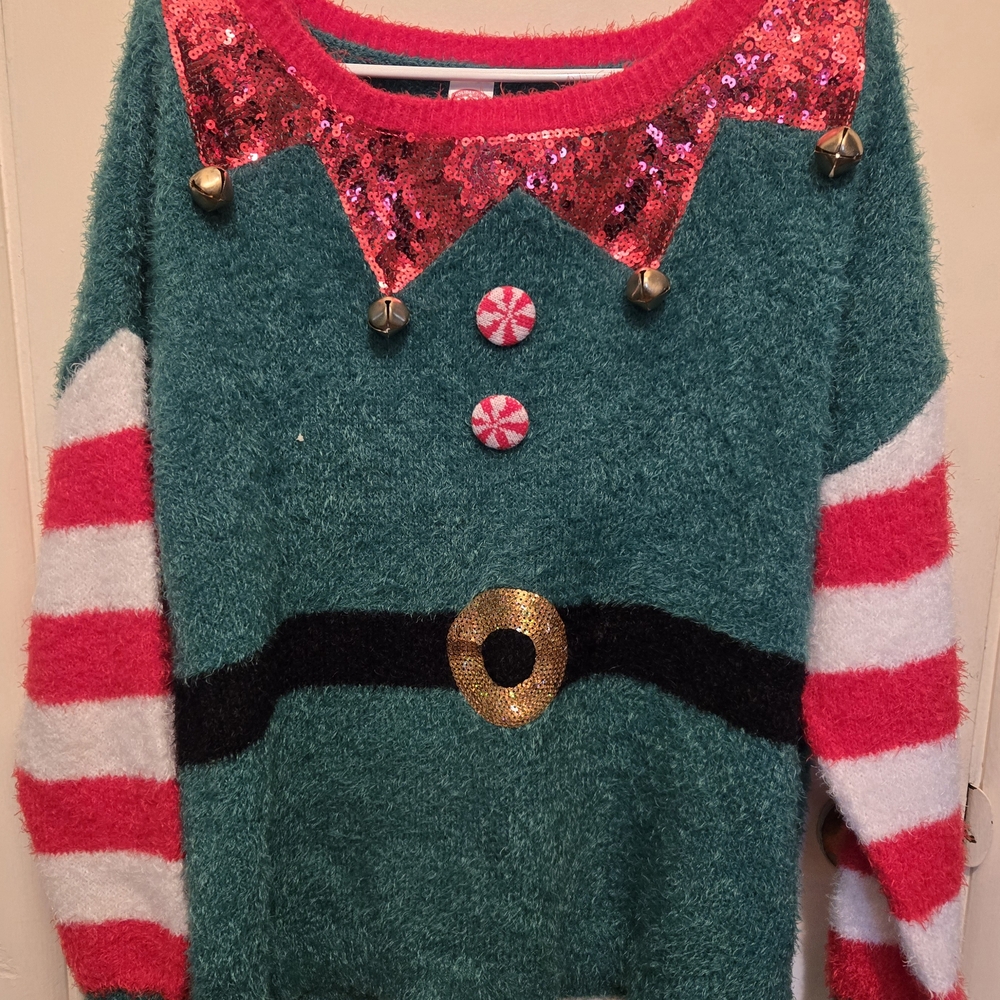 Holiday Time Green and Red Elf Sweater